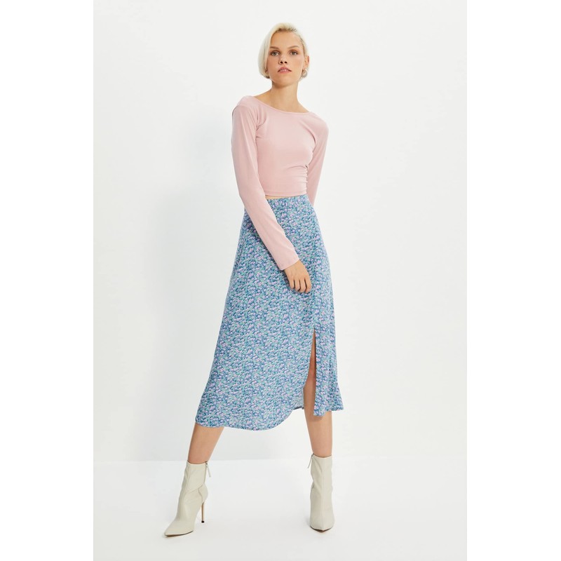 TRENDYOL Women's Tile Flower Pattern Tip Detailed Skirt, blue