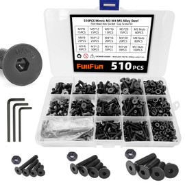 FullFun 510PCS M3 M4 M5 Hex Socket Flat Head Screw Bolts Nuts Assortment Kit, Alloy Steel Metric Screws with 3PCS Allen Wrenches, Allen Socket Hex Drive Black Machine Screws Set