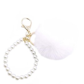 jtkdxqs Soft Pom Pom Key Chains Bag Accessory Puff Ball Key Ring with Pearl Wristlet Bracelet Keychain for Women,white