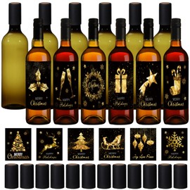 Maxcheck 12 Set 25 oz Christmas Wine Bottles 750ml Plastic Empty Liquor Homemade Coquito Bottles with 12 Christmas Labels Stickers Screw Caps 20 Shrink Capsules for Xmas Gift Party Favors(Dark Green)