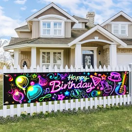 ​ BlissYard Disco Music Hall Neon Birthday Banner 79 x18 Birthday Photography Backdrop Colorful Party Decoration with Music Notes Balloons DIY Colorful Graffiti Banner Karaoke Party Celebrations ​