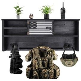 DoubleFill Police Gear Rack Police Vest Wall Mounted Hanger USA Flag Tactical Gear Stand with Gun Storage Plate Carrier Law Enforcement Organizer Accessories for Men Veteran Gift(Black,Lockers)