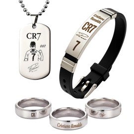 JazRvr Fan Accessories, Football Accessory Set with C R7 Bracelet, Necklace & Ring Made of Stainless Steel, 5-Piece Jewellery Set for Football Fans, Ideal for Stadium Visits and Sports Events