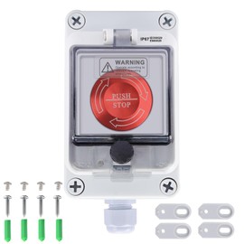 Emergency Stop Button 10 Amp 22mm Latching Push Button Switch, Aluminum Alloy Round Emergency Stop Switch, IP65 Waterproof Self-Locking E Stop Emergency Shut Off Switch, 1NO 1NC 440V (32A Box)