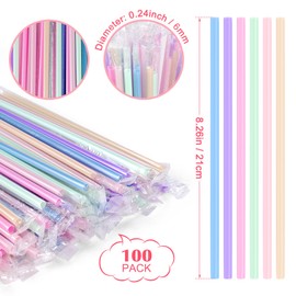[Individually Wrapped] 100Pcs Disposable Plastic Drinking Straws - 8.26" Long and 0.24 Diameter Colorful Cute Straws for Juice,Coffee,Milk,Cocktail, Bachelorette/Birthday Party, Bridal/Baby Shower