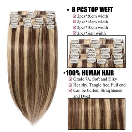 S-noilite Clip in Hair Extensions Human Hair Balayage Long length Clip on 100% Real Human Hair Silky Straight Full Head Straight Soft 8 Pieces/Set 22 Inch-110g (#4/27 Medium Brown/Dark Blonde)
