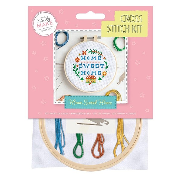Simply Make Cross Stitch Kit - Home Sweet Home Design for Kids and Adults, Including Hoop, Embroidery Thread, Fabric and Needle - Perfect for Adult Crafts and Beginners Starter Cross Stitch Craft Kit
