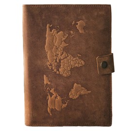 Travel Journal Series by Modest Goods - Refillable Leather Cover and A5 Notebook - Travel Accessories for Men & Women - Great for Traveler Adventure Journal, Vacation Scrapbook, Planner (World Map)