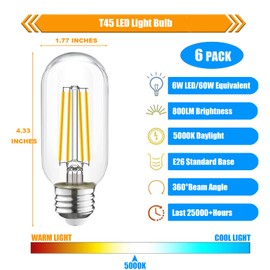 winsaLED T45 Dimmable E26 Led Bulb 60 Watt Equivalent,Vintage E26 Edison Bulbs,Tubular Clear Decorative Light Bulb,5000k Led Lightbulbs 60W Daylight, 6 Pack