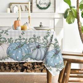 Artoid Mode Buffalo Plaid Blue Pumpkins Eucalyptus Autumn Table Cloth, Rectangular 140x110 cm Fall Table Cover For Party Home Table Decorations