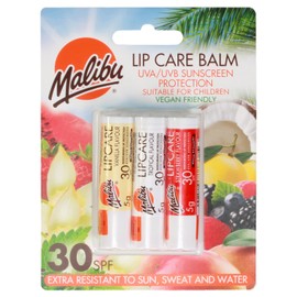 Malibu Sun SPF 30 Lip Balm Sunscreen, Vanilla, Tropical, Strawberry 3 x 5g