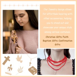 Red Black Beaded Necklaces for Women Silver Cross Pendant Necklace Layered Beads Necklace Christian Gifts for Women Faith Baptism Gifts Confirmation Gifts