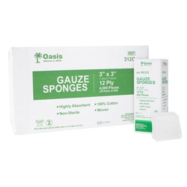 Oasis 3 x 3 inch Gauze Sponges, 100% Cotton, 12-Ply Woven Non-Sterile Gauze, 1 Case of 4000 (20 Packs of 200)