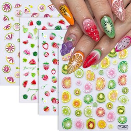 4 Sheets Fruit Nails Stickers Summer Nails Art Stickers 3D Self Adhesive Colorful Fruit Nail Decals Cute Fruits Strawberry Watermelon Lemon Nail Design Nail Art Supplies for Women Nail Decorations