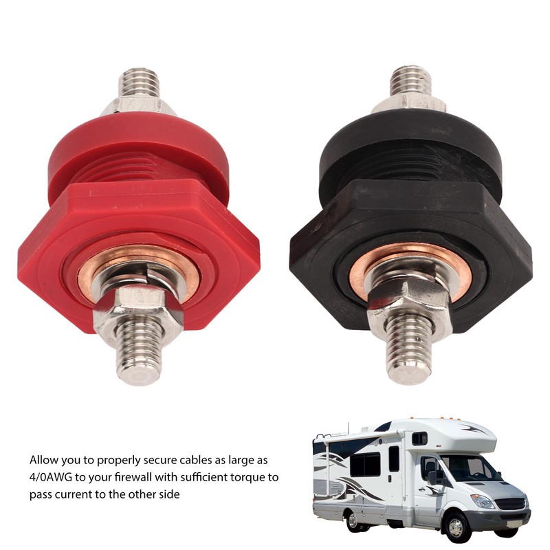1Pair Thru Panel Battery Terminal Connectors 3/8 In Black Red