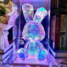 Aladdinas LED Teddy Bear Night Light, Holographic Iridescent Design, Nursery Decor Display Box with Ribbon (Bunny, Small)