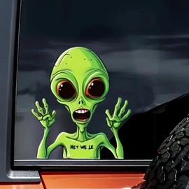 2 pcs We're Here to Help Cartoon Alien Pattern Funny Car Bumper Sticker,6 Inch Vinyl Decal, Waterproof,Die-Cut for Cars,Windows,Laptops - Yellow