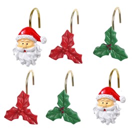 Wehome Santa Claus Shower Curtain Hooks Xmas Poinsettia Flower Shower Curtain Rings Set of 12 Decorative Poinsettia Flower Shower Curtain Rings Pack of 12