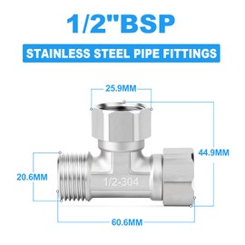 ERGAOBOY 1 Pcs 304 Stainless Steel 3 Way Left&Top 2 Ends Flexible Movable Tee Connector, 1/2" Male T Adapter Union Nut Fitting for Sprayer, Angled Valve, Shower Arm