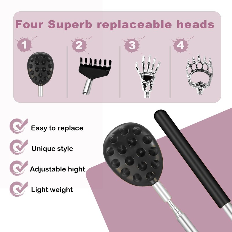 Fenikle Back Scratcher, Telescoping Back Massager with 4Pcs Different Detachable