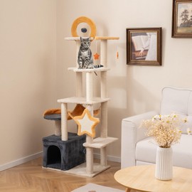 PETSITE 63 inch Cat Tree Tower, Multi-Level Cat Tower with Sisal Scratching Posts and Board, Cat Condo, Hammock, Star-Shaped Hanging Toys and Interactive Spring Ball, Cute Cat Tree for Indoor Cats