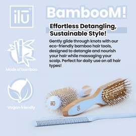 ilū Bamboo Travel Hair Brush True Blue - Environmentally Friendly Hair Brush for Smooth, Nourished Hair, Suitable for All Hair Types