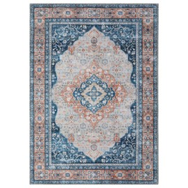 COZYLOOM Area Rug 8x10 Boho Tribal Area Rug Vintage Floral Rug Large Washable Rug Distressed Oriental Non-Slip Print Floor Carpet for Living Room Bedroom Home Office Foldable Blue/Orange
