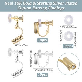 Beebeecraft 1 Box 20Pcs Earring Clips 18K Gold & Sterling Silver Plated Brass Clip-on Earrings Non-Pierced Findings with Silicone Pads for DIY Jewellery Making