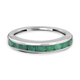 TJC Emerald Half Eternity Ring for Women in Platinum Plated 925 Sterling Silver Size N Channel Setting Green Coloured May Birthstone Metal Wt. 1.65 Grams