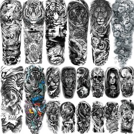 20 Sheets Extra Large Tiger Full Arm Temporary Tattoos For Women, 8 Sheets Full Sleeve Tattoos For Men Tiger Lion Eagle Owl Compass Flower, 12 Sheets Half Arm Tattoo Sleeve For Adults Ship Skull