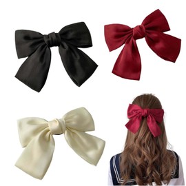 Dinghaole 3Pcs Bow Hair Clip - Big Bowknot Hairpin for Women, French Hair Clips with Ribbon -Soft Satin Silky Hair Bows - Hair Barrette Clips for Women & Girls