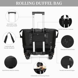 Rolling Duffel Bag with Detachable Wheels & Handle,Expandable Foldable Travel Duffle Bag,Carry on Luggage Large Tote Bag for Gym Overnight Weenkend Trip(Black)