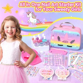Kids Nail Polish with Press on Nails Set for Girls, Non-Toxic Nail Art Kit with Portable Dryer and Unicorn Case, Cute Stuff Gift Toys for Girls Age 8 -12