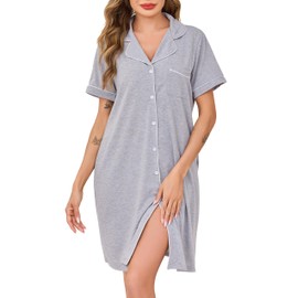 Wikoan Women's Nightdress Soft Cotton Nighties Classic V-Neck Nightgown Button Up Nightshirt Sleepwear Summer Sleepshirts with Pockets,Light Grey,M