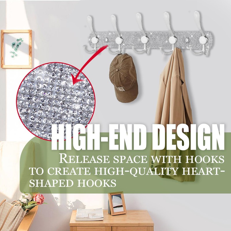 BlackFish Wall Mounted Coat Rack, Shiny Silver Rhinestones Five Heavy