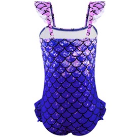 DAXIANG One Piece Girls Swimsuits Hawaii Floral Ruffle Sleeve Swimwear Beach Bathing Suit Purple Mermaid 9 Years 10 Years Size 9-10