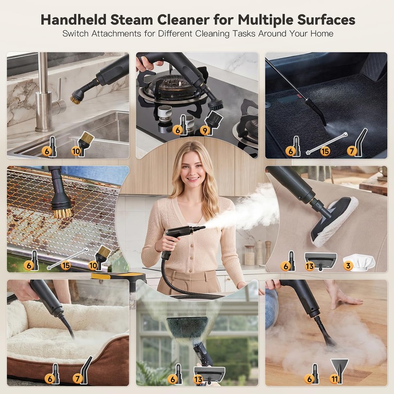 Steam Cleaner, 3 Level Adjustable Handle with 15 Accessories