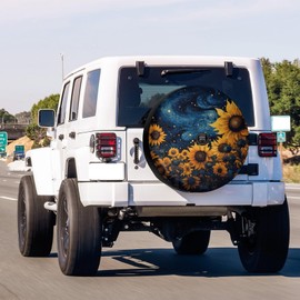 Foruidea Sunflower Starry Sky Spare Tire Cover with Backup Camera Hole Wheel Tire Cover Fit Trailer, RV, SUV and Many Vehicle 17inch