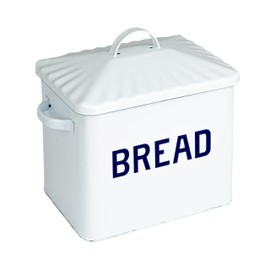 Creative Co-Op Chic Farmhouse Enameled Bread Box with Lid, "Bread" Message, White and Navy
