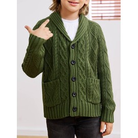 rrhss Boys Cable Knit Cardigan Sweater Kids Button Down Shawl Collar Outwear Sweater with Pockets 3-12 Years Army Green