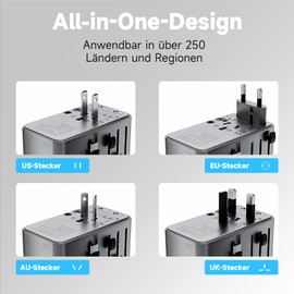 Minthouz Reiseadapter Weltweit,GaN Ⅲ PD 70W Universal Reisestecker mit 4 USB C und 1 USB A，Internationaler Steckdosenadapter mit ausziehbar Kabel,Universaladapter für UK USA Japan Thailand Australien