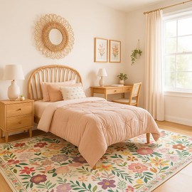 TIKIRUGI Boho Beige Washable 5X7 Area Rug for Living Room - Vintage Floral Low Pile Rugs for Bedroom, Kitchen, Kids Playroom, and Dining Room - Non-Slip, Ultra-Thin, and Super Strong