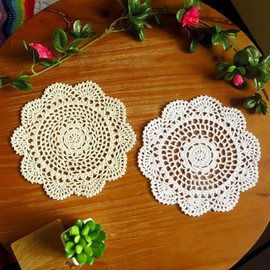 Golo - Mantel de algodón hecho a mano con encaje de ganchillo, color beige, superposición, redondo, 8 pulgadas, 20 cm