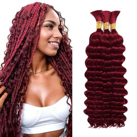 Hailookmey Human Braiding Hair for Boho Braids 150g Deep Wave Human Hair for Braiding 3 Bundles/Pack No Weft Curly Human Hair Extensions for Braids (99J Burgundy Color,16 Inch)