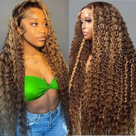 DaXunDi Honey Blonde Deep Wave Lace Front Wigs Human Hair 200% Density Highlight Ombre Deep Wave Human Hair Wig 4/27 Lace Front Wigs Wet and Wavy Human Hair Curly Wigs for Women(Blonde 24 Inch)