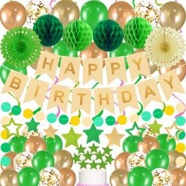 79Pcs Birthday Decorations Happy Birthday Banner Green Gold Balloons Paper Fans Honeycomb Balls Garland Cupcake Toppers for Women Men Neutral Wild One Party Decorations