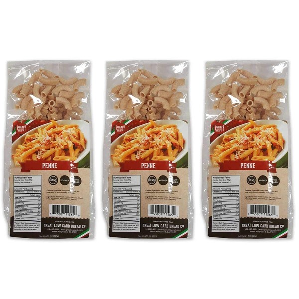 Low Carb Pasta, Keto Pasta, Great Low Carb Bread Company ,7g Net Carbs, 12g of Protein, Non GMO, (Penne, 3 Pack)
