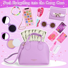 Learn2M Purple Play Purse for Little Girls Ages 3-6, My First Purse Toy with Handbag, Makeup Set, Sunglasses, Smartphone, Wallet, Car Keys, Credit Cards and Fake Money