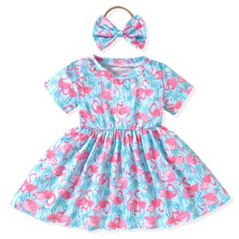 Baby Girl Dresses 0-3 Months Infant Girl's Short Sleeve Dress Set Baby Girl Spring Summer Outfits Swan Pattern Clothing Set with Headband