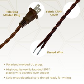 Royal Designs, Inc. 8Ft Twisted Rayon Lamp Cord with NEMA-15P Plug, Rotary Dimmer Switch, Stripped Ends Ready for Wiring, SPT-1 UL Listed, Brown - Pack of 1
